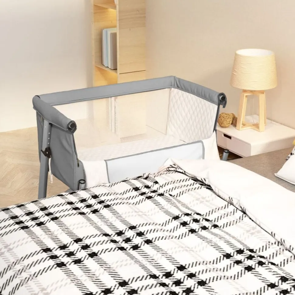 vidaXL Babysäng med madrass ljusgrå linnetyg
