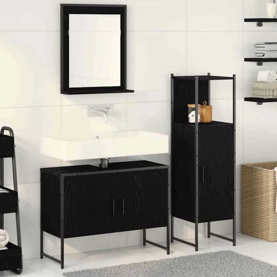 vidaXL Badrumsmöbelset med hylla med dörr 3 pcs Svart Konstruerat trä