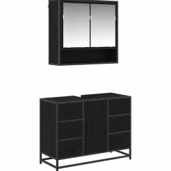 vidaXL Badrumsmöbelset med låda 2 pcs Svart Ek Konstruerat trä