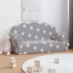 vidaXL Barnsoffa för barn 2-sits ljusgrå med stjärnor mjuk plysch