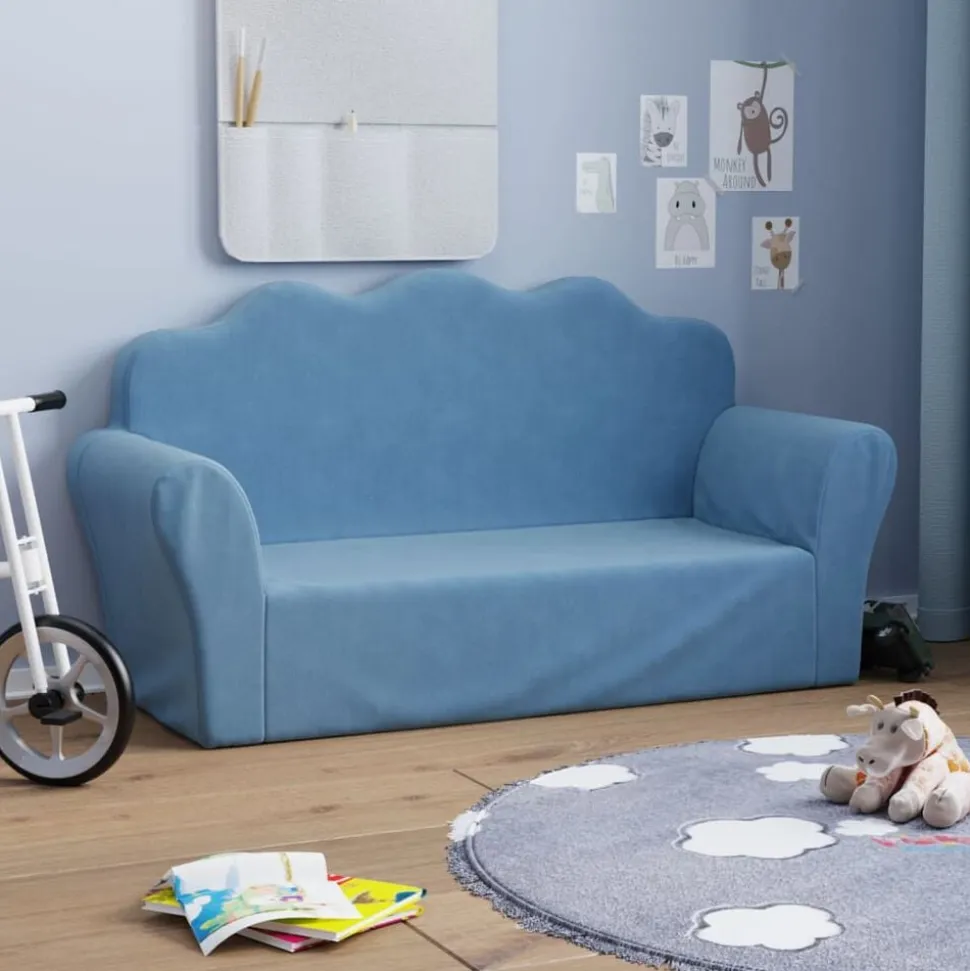vidaXL Barnsoffa 2-sits blå mjuk plysch