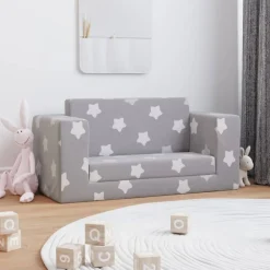 vidaXL Bäddsoffa för barn 2-sits ljusgrå med stjärnor mjuk plysch