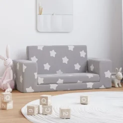 vidaXL Bäddsoffa för barn 2-sits ljusgrå med stjärnor mjuk plysch