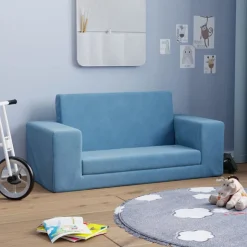 vidaXL Bäddsoffa för barn 2-sits blå mjuk plysch