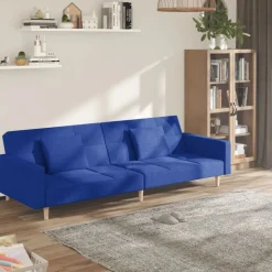 vidaXL Bäddsoffa 2-sits med två kuddar blå tyg