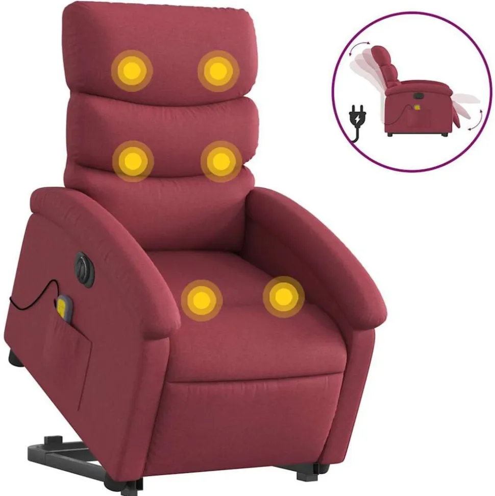 vidaXL Elektrisk massagefåtölj med uppresningshjälp vinröd tyg