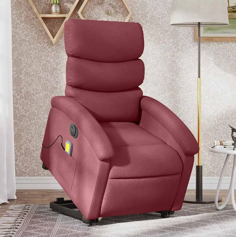 vidaXL Elektrisk massagefåtölj med uppresningshjälp vinröd tyg