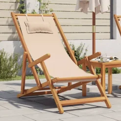 vidaXL Hopfällbar strandstol beige massivt eukalyptusträ och tyg