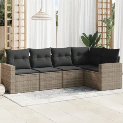 vidaXL Loungegrupp för trädgården med dynor 5 delar konstrotting grå
