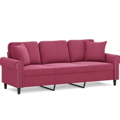 vidaXL 3-sitssoffa med prydnadskuddar vinröd 180 cm sammet