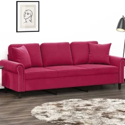 vidaXL 3-sitssoffa med prydnadskuddar vinröd 180 cm sammet