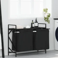 vidaXL Tvättkorg 2 fack med hylla svart ek