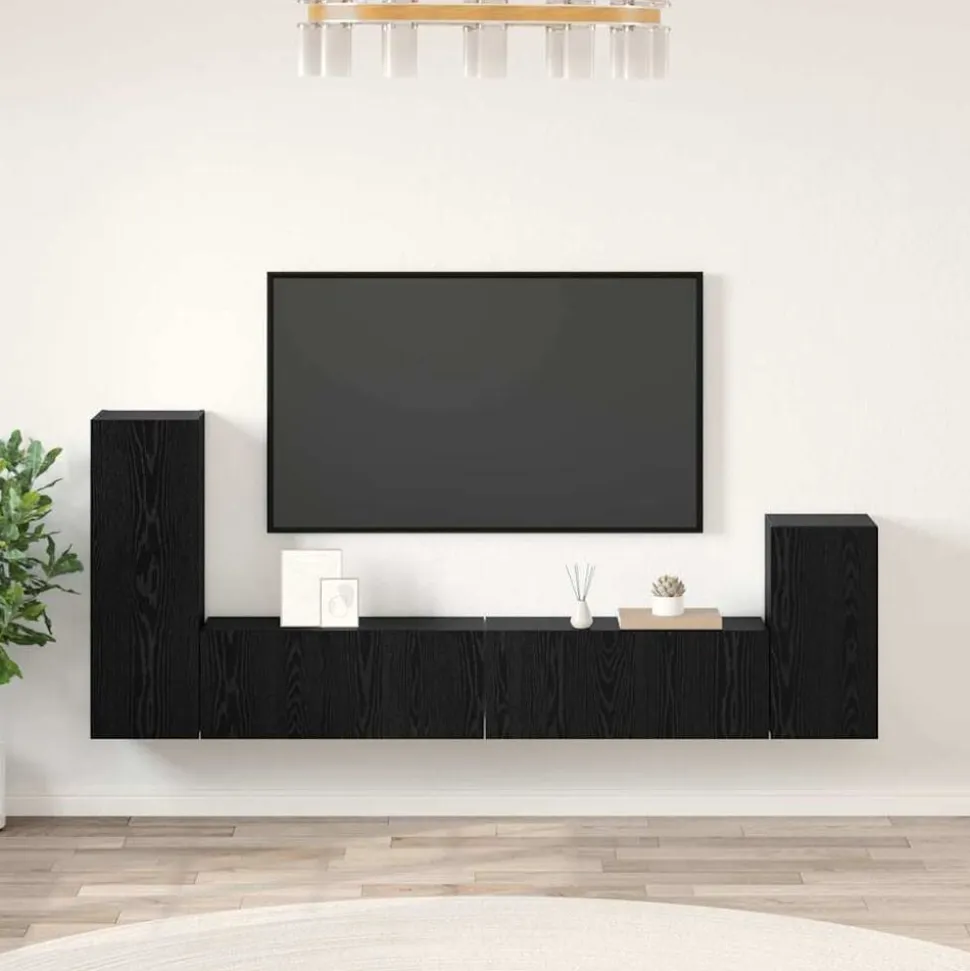 vidaXL Vägg TV Skåp Väggmonterad 3 pcs Svart Ek Konstruerat trä